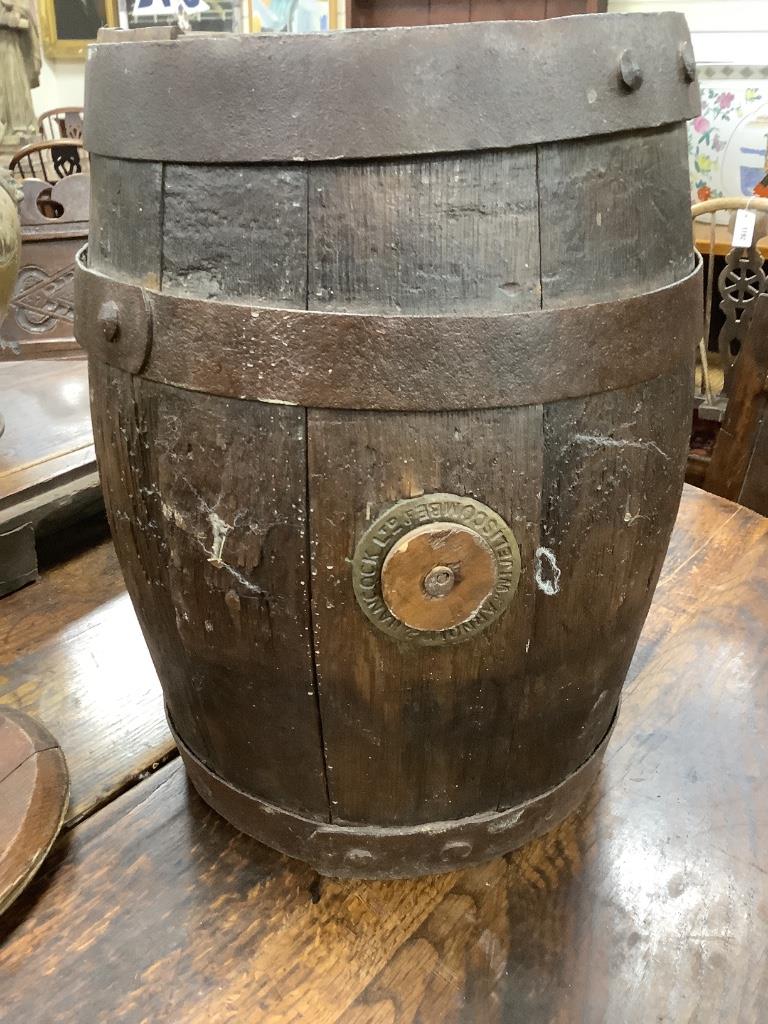 Breweriana: A small Somerset oak coopered barrel with cover, the lid inscribed ‘575 Hancock Wiveliscombe’, William Hancock & Sons (Wiveliscombe) Ltd, 44cm high, 19th century, 30cm diameter, height 42cm